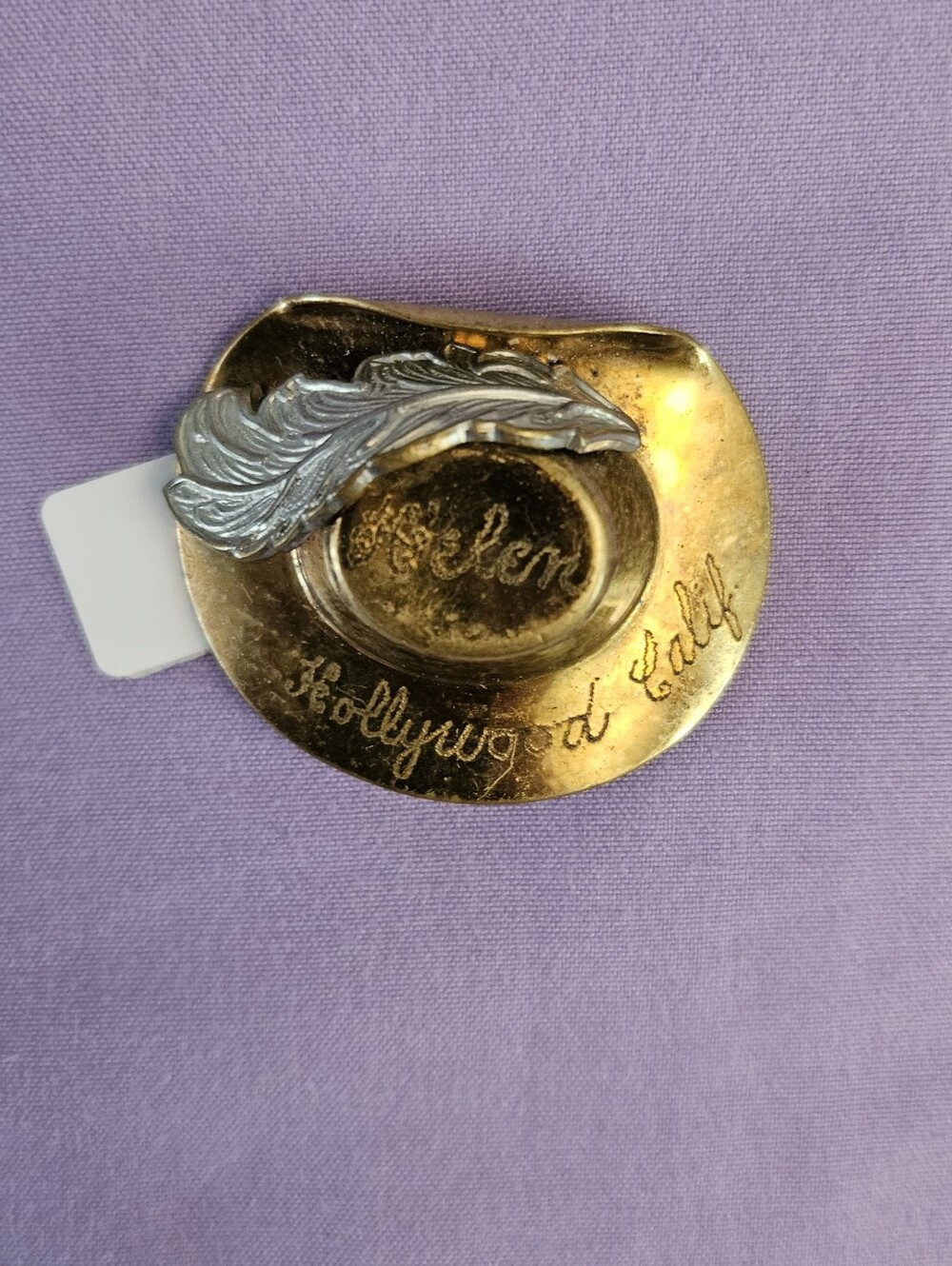 Gold-tone Hollywood Calif. Hat Pin with Silver Feather Helen Engraved Name